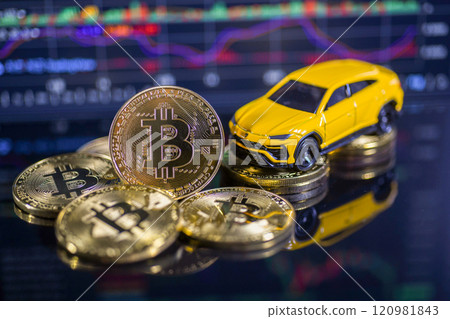 Bitcoin and car model with graph background 120981843