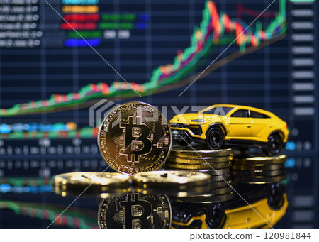 Bitcoin and car model with graph background 120981844