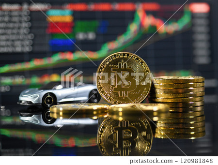 Bitcoin and car model with graph background Bitcoin and car model with graph background 120981848