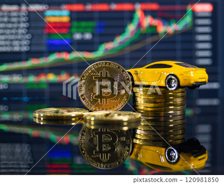 Bitcoin and car model with graph background Bitcoin and car model with graph background 120981850