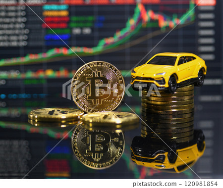 Bitcoin and car model with graph background Bitcoin and car model with graph background 120981854