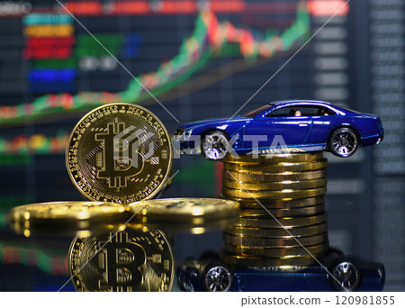 Bitcoin and car model with graph background Bitcoin and car model with graph background 120981855