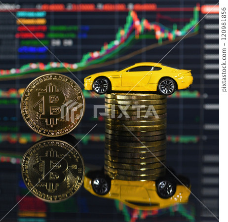 Bitcoin and car model with graph background 120981856