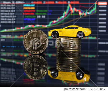 Bitcoin and car model with graph background 120981857