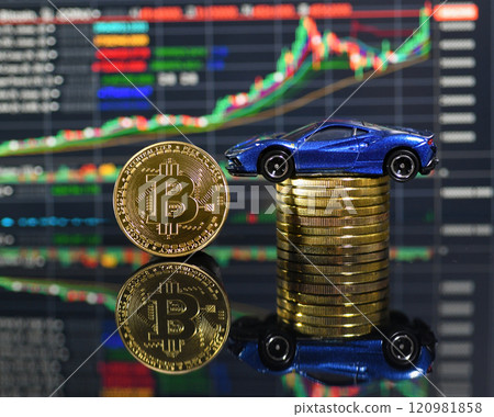 Bitcoin and car model with graph background 120981858