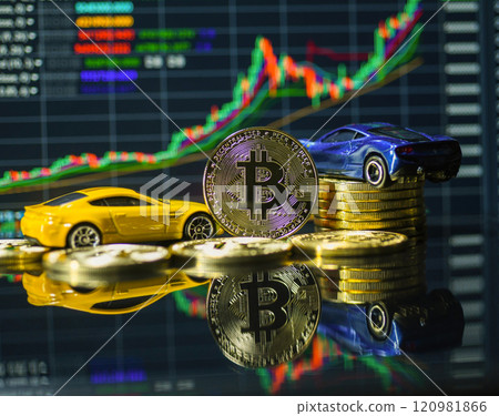 Bitcoin and car model with graph background 120981866