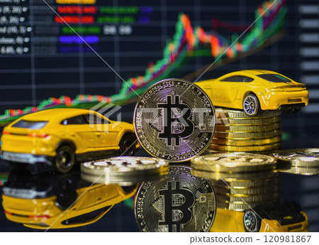 Bitcoin and car model with graph background 120981867