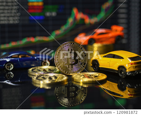 Bitcoin and car model with graph background 120981872