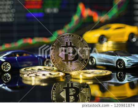 Bitcoin and car model with graph background Bitcoin and car model with graph background 120981874