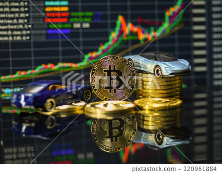 Bitcoin and car model with graph background Bitcoin and car model with graph background 120981884