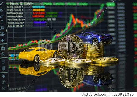 Bitcoin and car model with graph background Bitcoin and car model with graph background 120981889