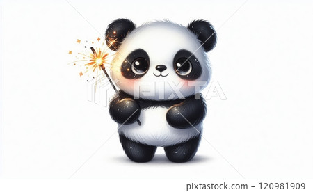 Cute cartoon panda holding a sparkler with glowing stars on a white background. Watercolor illustration for holiday, celebration, or festive design themes 120981909