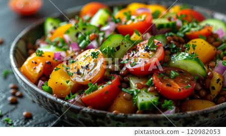 A colorful salad with lentils, carrots, cucumber, cherry tomatoes, red onion, and green onions, dressed with lemon juice and olive oil 120982053
