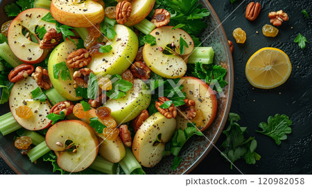 A fresh apple and celery salad with crisp apple slices, chopped celery, crunchy walnuts, and plump raisins, tossed in a lemon juice and Greek yogurt dressing 120982058