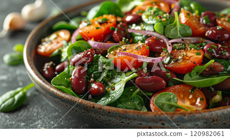 A fresh green bean and kidney bean salad with blanched green beans, kidney beans, spinach, red onion, and minced garlic, tossed in olive oil and lemon juice A fresh green bean and kidney bean salad with blanched green beans, kidney beans, spinach, red onion, and minced garlic, tossed in olive oil and lemon juice 120982061