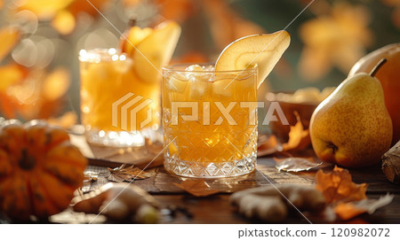 A cozy autumn table with glasses of pear ginger fresh juice, each garnished with pear slices and a piece of ginger 120982072