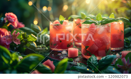 A garden party table with glasses of watermelon basil fresh juice, each garnished with basil leaves and watermelon cubes 120982073