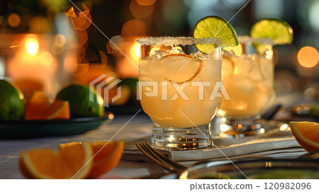 A sophisticated table setting with glasses of non-alcoholic Margarita A sophisticated table setting with glasses of non-alcoholic Margarita 120982096