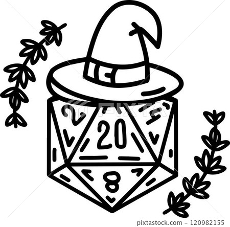 DND Dice Rpg board game character. Fantasy icosahedron wargame. 20-sided tabletop icon, cartoon style on white background 120982155
