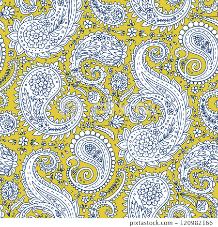 Black and white seamless pattern with Paisley motifs on yellow 120982166