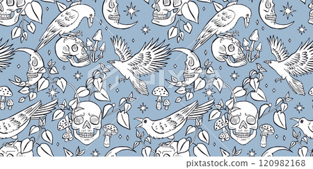 Black and white Seamless pattern with hand drawn inky ravens or crows sitting on human skulls 120982168