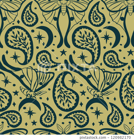 Cream and teal seamless pattern with celestial luna moth and paisley motif 120982170