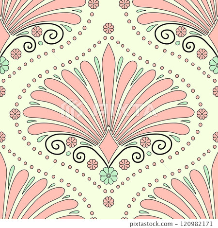 Seamless pattern with pink floral ogee and anthemion geometrical motifs on a cream background Seamless pattern with pink floral ogee and anthemion geometrical motifs on a cream background 120982171