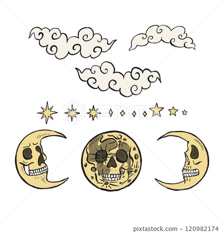 Hand drawn sketchy moons with skull faces set isolated on black background Hand drawn sketchy moons with skull faces set isolated on black background 120982174