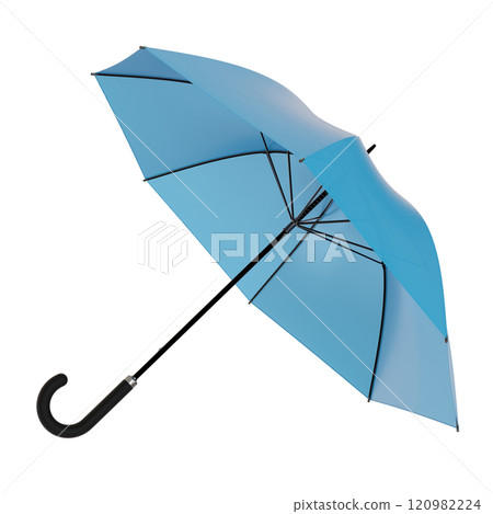 Open blue umbrella with black handle, isolated on white background 120982224