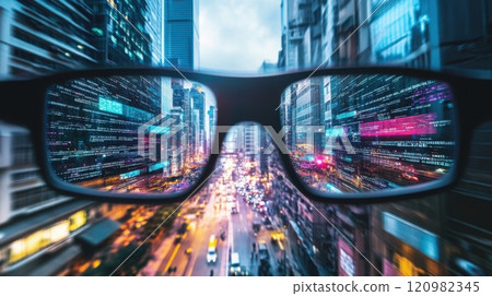 Discover the futuristic city view through innovative glasses with digital overlays 120982345