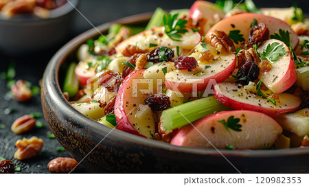 A fresh apple and celery salad with crisp apple slices, chopped celery, crunchy walnuts, and plump raisins, tossed in a lemon juice and Greek yogurt dressing 120982353