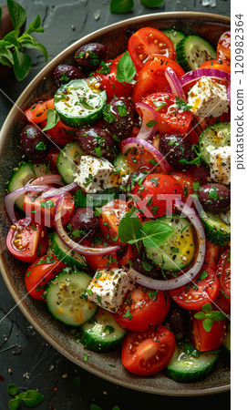 A vibrant Greek salad with crisp cucumbers, juicy tomatoes, thinly sliced red onion, Kalamata olives, and chunks of creamy feta cheese, sprinkled with dried oregano and drizzled with olive oil and red 120982364
