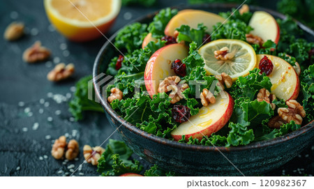 a vibrant kale and apple salad. The salad features fresh kale leaves, crisp apple slices, crunchy walnuts, and sweet dried cranberries, all tossed with a tangy dressing of lemon juice and olive oil 120982367