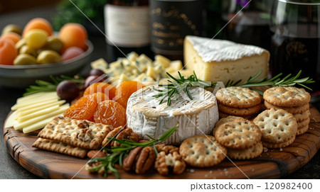 Tasmanian Brie and Warrnambool Cheddar, served with macadamia nuts, dried apricots, Anzac biscuits, and kangaroo-shaped crackers 120982400