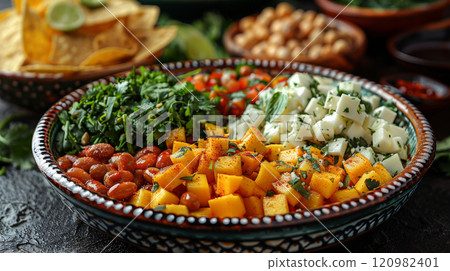 The plate features sliced jicama, mango cubes, spicy peanuts, and tortilla chips, garnished with cilantro The plate features sliced jicama, mango cubes, spicy peanuts, and tortilla chips, garnished with cilantro 120982401