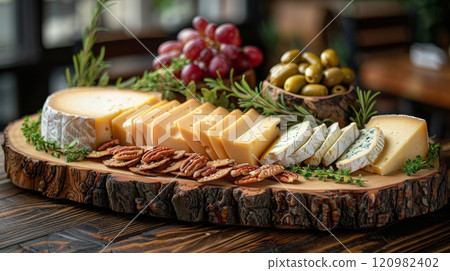 The board features sharp and smoked cheddars, served with apple slices, pickles, candied pecans, and multigrain crackers 120982402