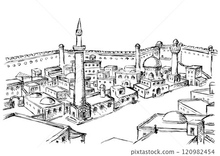Vector drawing. Ancient eastern town 120982454