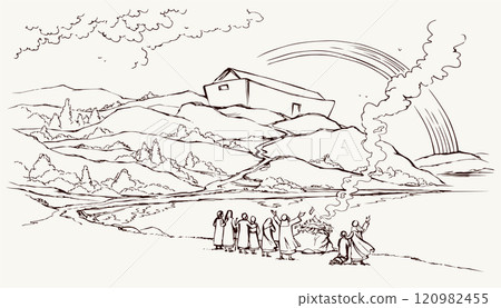 Vector drawing. Noah Offers a Sacrifice to God 120982455