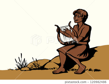 Vector drawing. Guy playing the harp 120982486