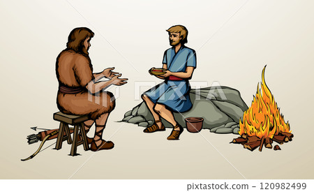 Vector drawing. Jacob gives soup to Esau Vector drawing. Jacob gives soup to Esau 120982499