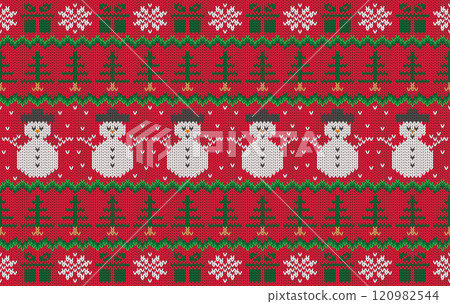 Knitted pattern seamless fabric Christmas snowman. traditional knitted pattern vector winter style. Designed for background ,wallpaper ,carpet ,textile ,clothing ,knitted pattern ,fabric ,embroidery 120982544