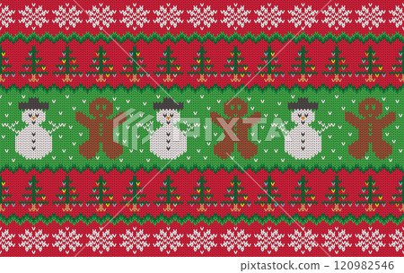 Knitted pattern seamless fabric Christmas snowman. traditional knitted pattern vector winter style. Designed for background ,wallpaper ,carpet ,clothing ,knitted pattern ,fabric ,embroidery ,textile 120982546