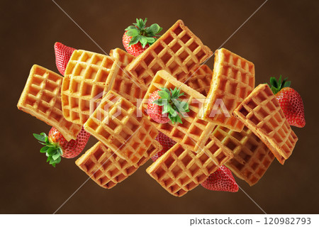 Belgian waffles with fresh strawberries in motion. 120982793
