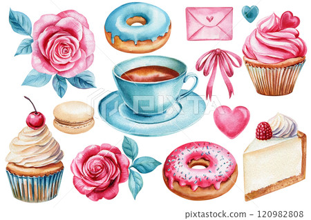 watercolor sweets set with cheesecake, cupcake, donut, rose, cup, envelope, bow heart in pink and blue for cards, prints 120982808