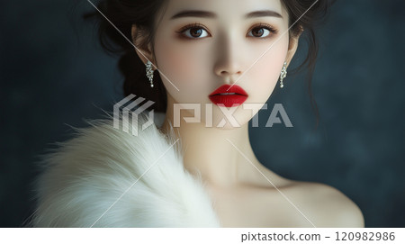 Beauty and fashion portrait of a young and pretty Asian female model with beautiful skin. She looks gorgeous in white fur. Beauty and fashion portrait of a young and pretty Asian female model with beautiful skin. She looks gorgeous in white fur. 120982986