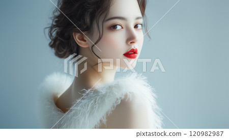 Beauty and fashion portrait of a young and cute Asian female model with beautiful skin. White neat dress Beauty and fashion portrait of a young and cute Asian female model with beautiful skin. White neat dress 120982987
