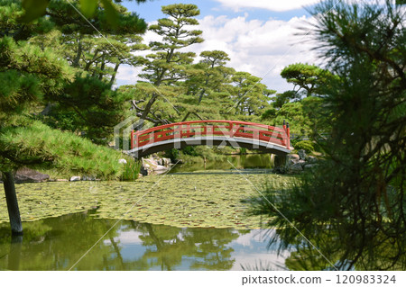 日式庭園池塘上的紅橋 120983324