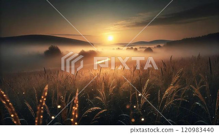 Sunrise over a misty meadow 120983440