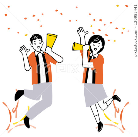 An illustration of a store clerk wearing a happi coat and calling out to customers with a megaphone (his skin is painted white) 120983441