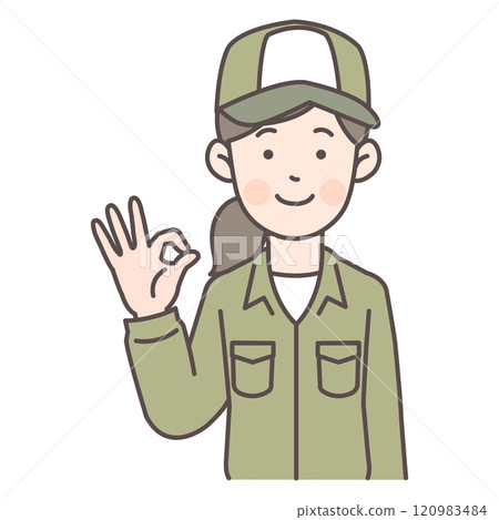 Delivery staff woman giving OK sign Delivery staff woman giving OK sign 120983484